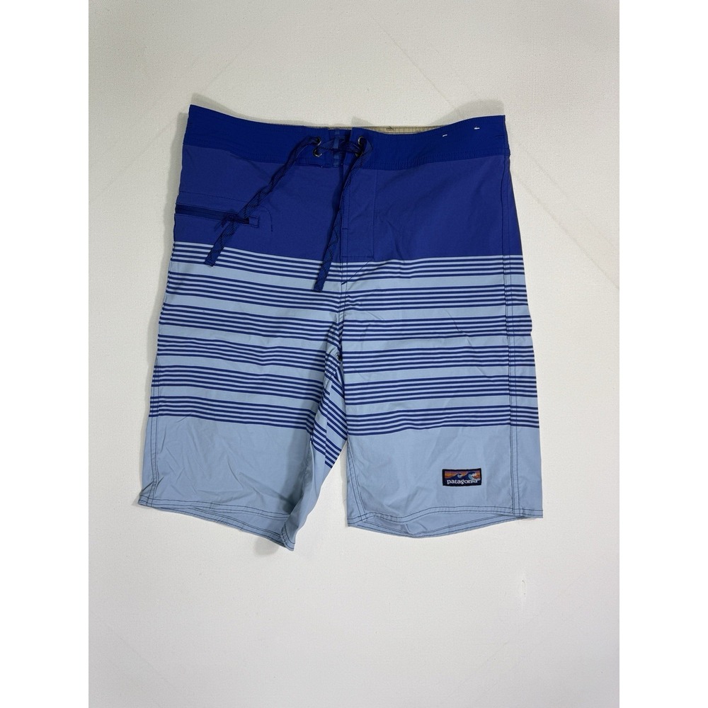 Patagonia Wavefarer Men’s 32x10 Striped Board Shorts Swim Trunks Logo Blue